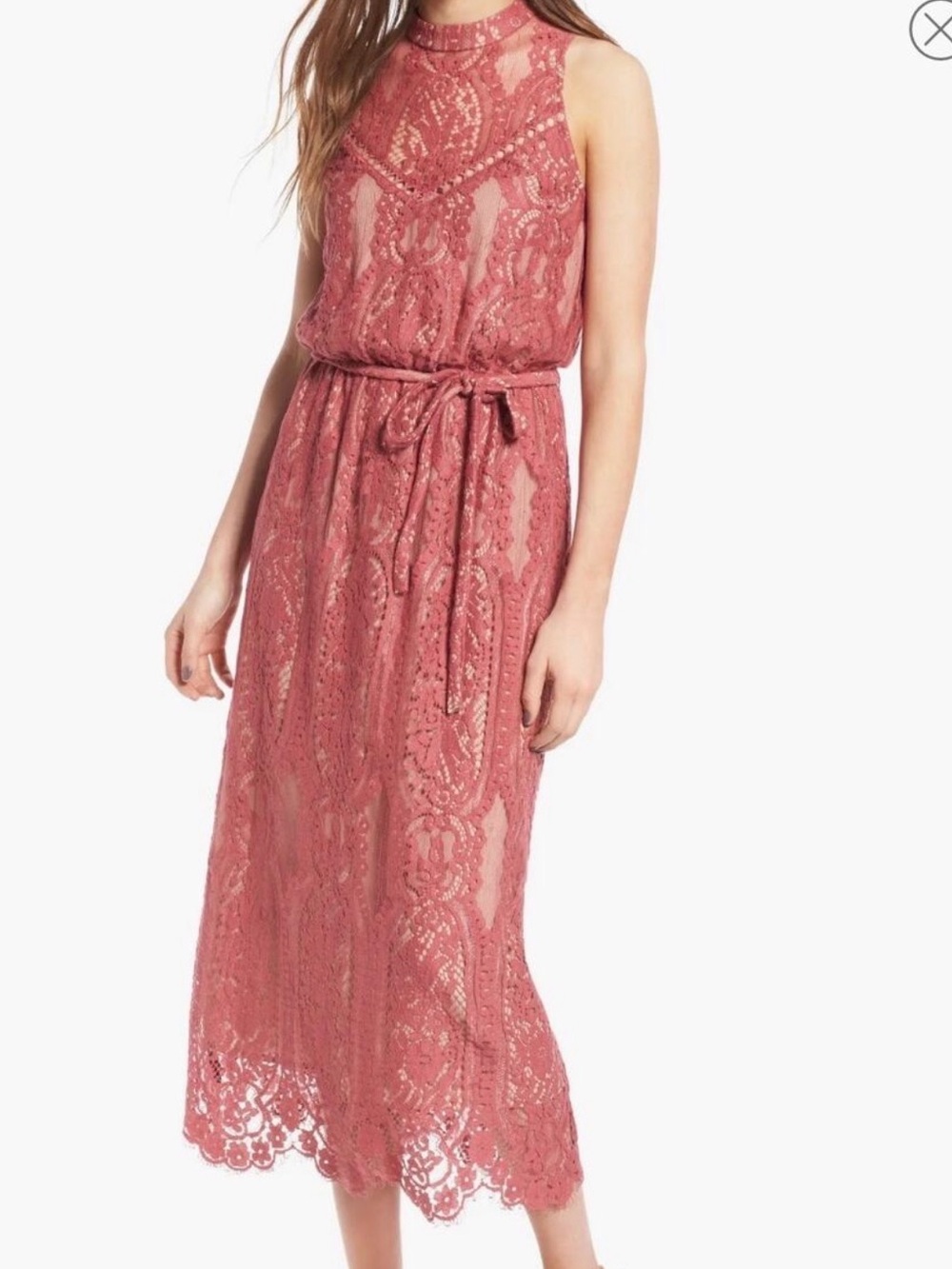 Wayf Dusty Rose Lace Tie-Waist Midi Dress size small Lined